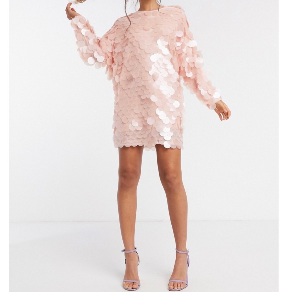 ASOS Edition Embellished Disk Sequin Long Sleeve Tshirt Mini Dress Pink